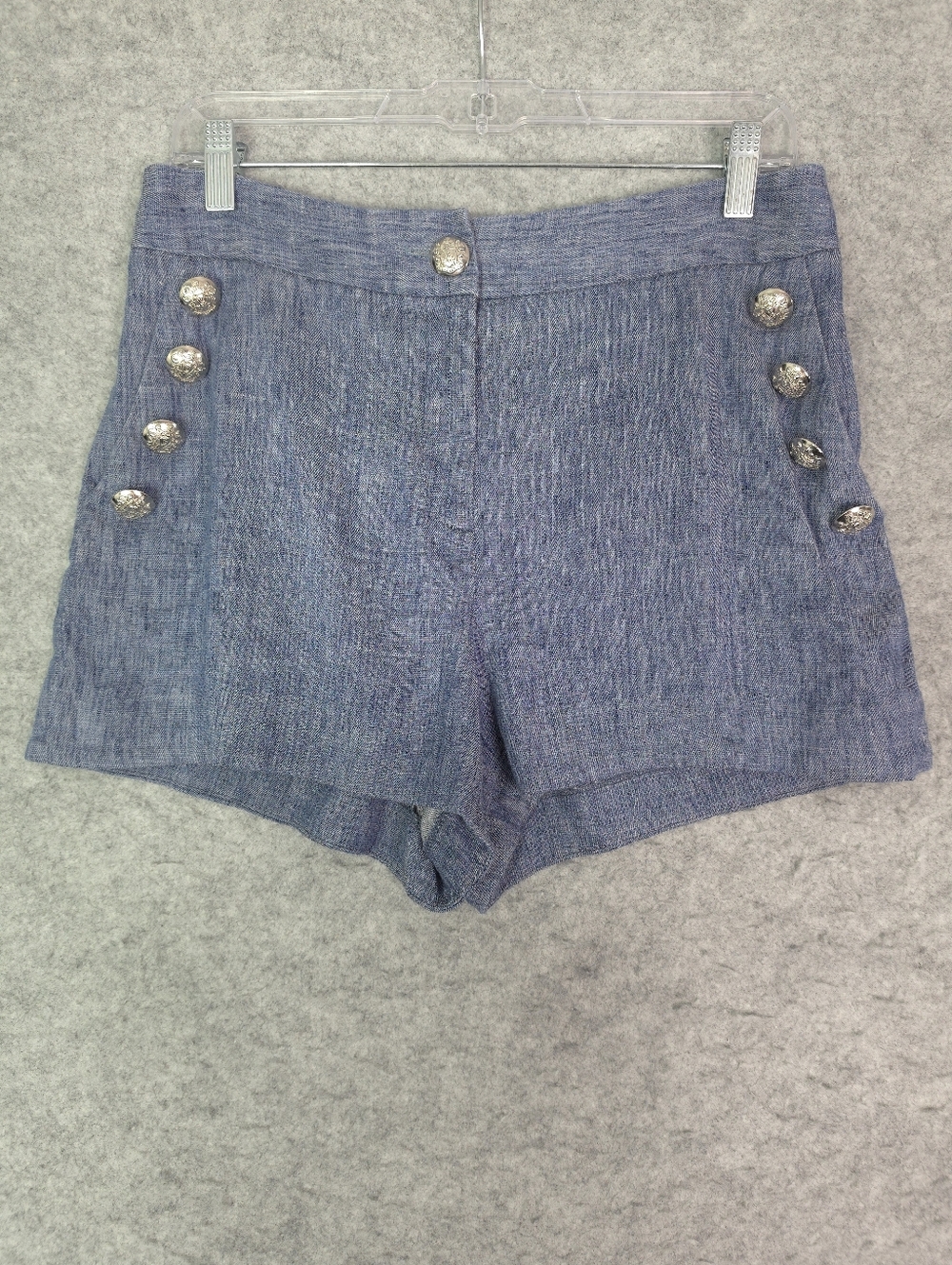 Veronica Beard Chambray High-Waist Button Shorts in Blue